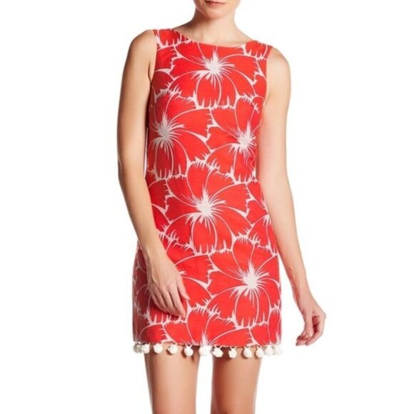 Trina Turk 'Pleasant' Floral-Print Pom-Pom Shift Dress, Coral/White - Picture 1 of 3